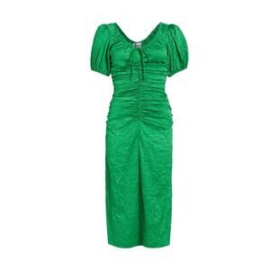 Ganni 'Crinkled' Green Polyester Satin Gathered Midi-Dress Size 36